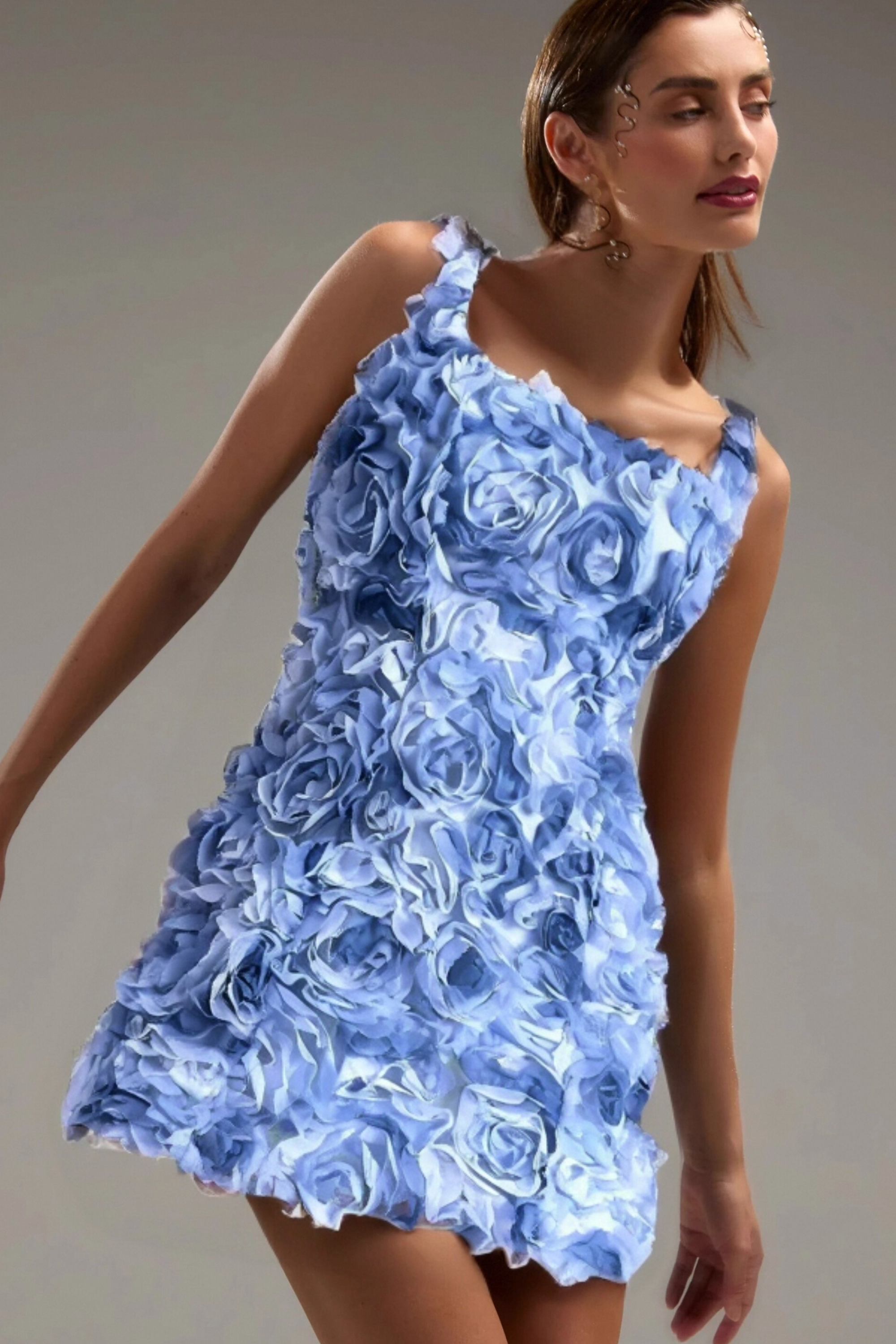 Flowering Girl Women Blue Flower Mini Dress
