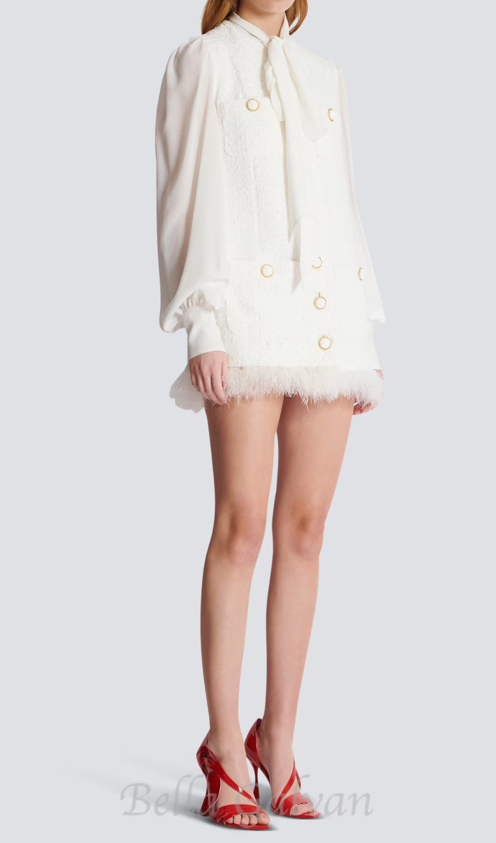 Flowering Girl Women Tweed mini dress with pussy-bow collar in white