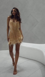 Champagne Tassel Feather Mini Dress