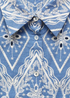 Blue & White Embroidered Puff Sleeve Lace Blouse