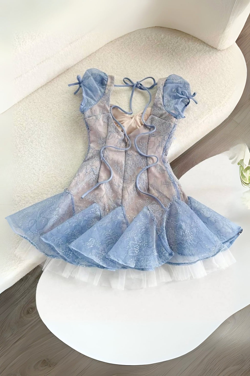 Flowering Girl Women Lace Embroidery Puffy Mini Dress In Blue
