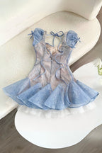 Flowering Girl Women Lace Embroidery Puffy Mini Dress In Blue