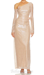 Flowering Girl Women one-shoulder flower embellished sequin maxi dress in apricot