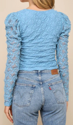 Flowering Girl Women Light Blue Lace Long Sleeve Corset Crop Top