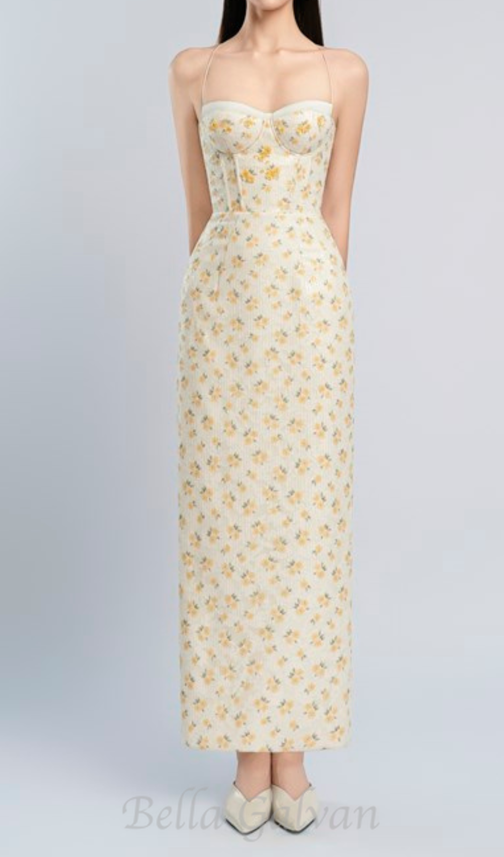 print embroidery maxi dress in beige