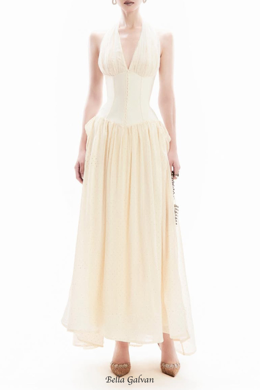 Flowering Girl Women tiffany halterneck tulle overlay maxi dress in apricot