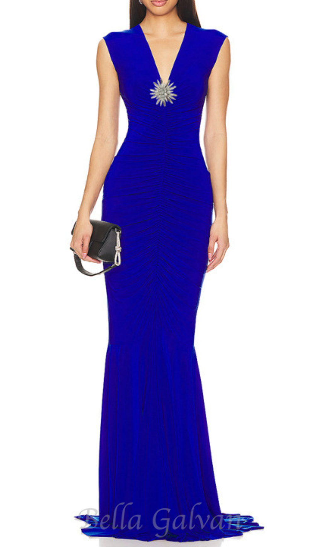 Flowering Girl Women Sleeveless Deep V Neck Shirred Front Fishtail Gown