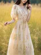 Flowering Girl Women roxanne Vacation V-Neck Puff Sleeve Floral Dress