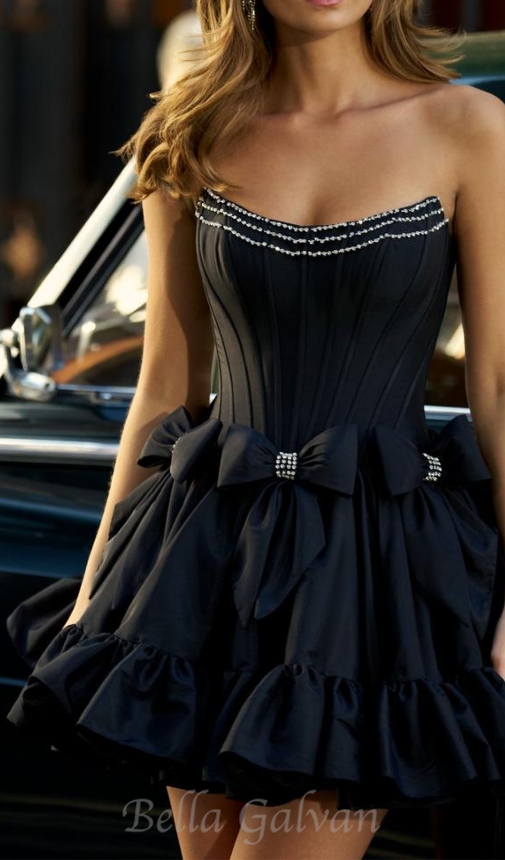 Flowering Girl Women Diamond bow mini dress in black