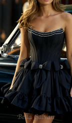 Flowering Girl Women Diamond bow mini dress in black