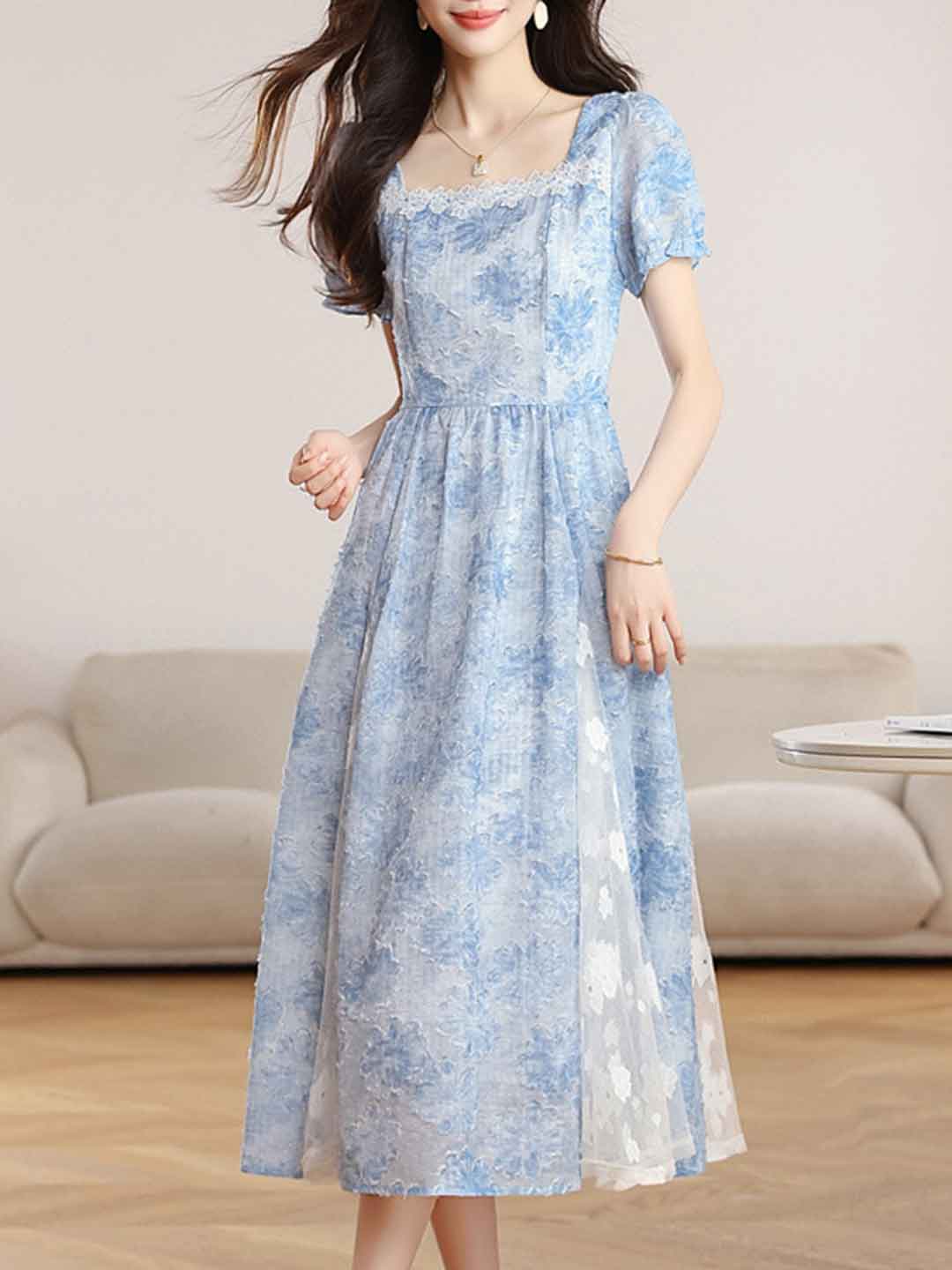 penny Elegant Square Neck Jacquard Waisted Dress
