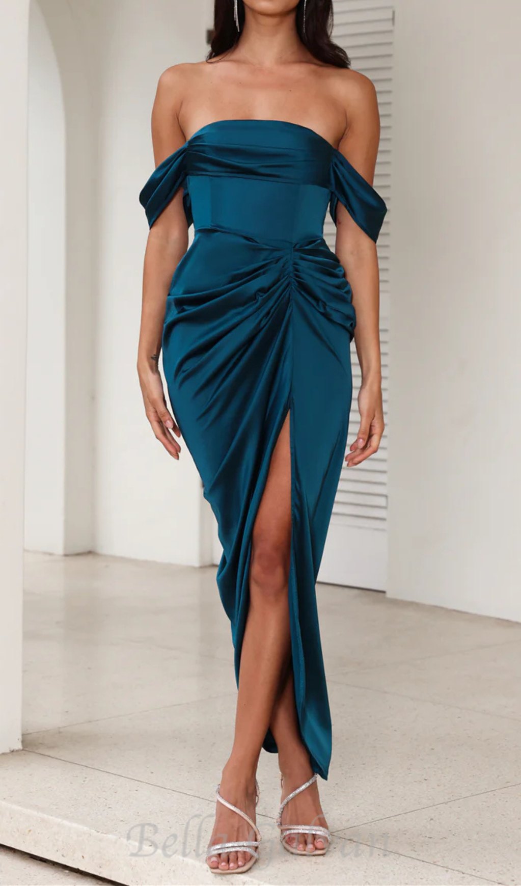Flowering Girl Women strapless satin midi dress in teal