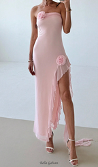 Flowering Girl Women Strapless Lace Spliced Slit Bodycon Dress in pink