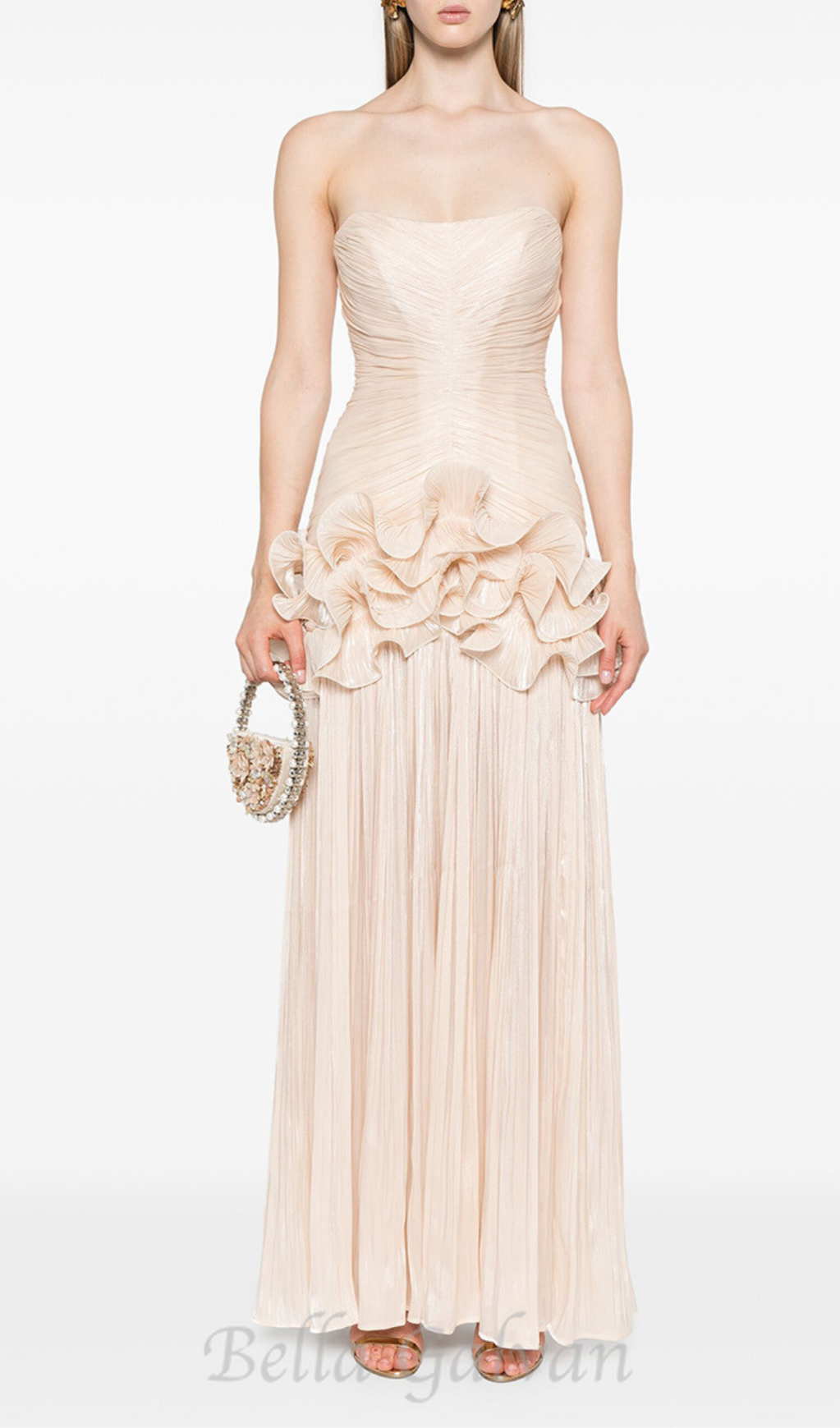 Flowering Girl Women ruffle-embellished pleated maxi dress in apricot