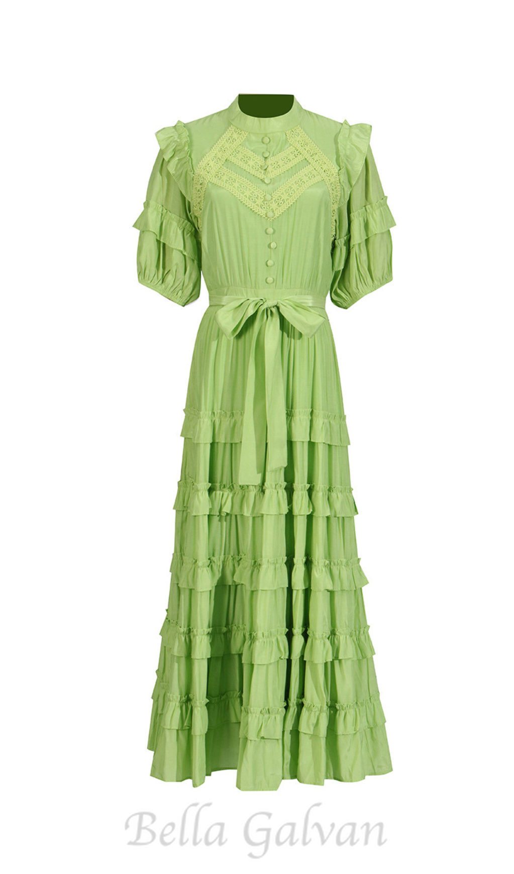 Flowering Girl Women Lace ruffle trim layer midi dress in green