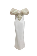 Off-Shoulder pearl embellished bodycon maxi dress in white