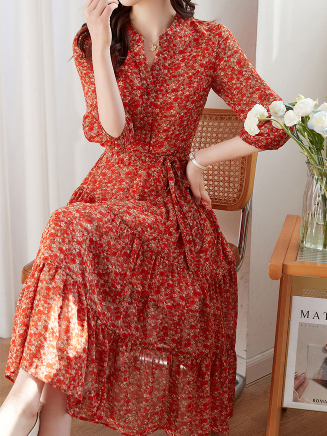 Flowering Girl Women lyuba Vintage Ruffle Floral Chiffon Maxi Dress