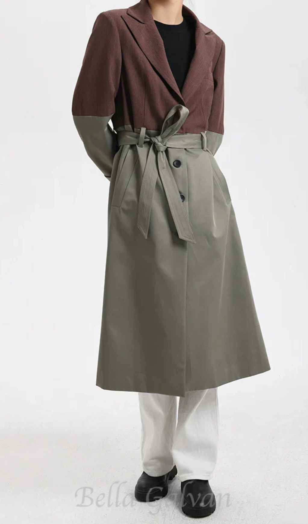 Flowering Girl Women Belted Blazer Trench Coat in Brown Gray