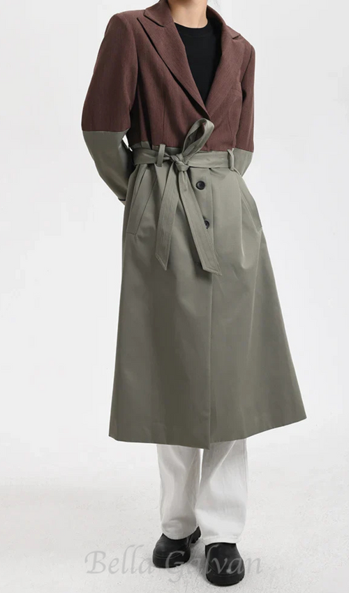 Flowering Girl Women Belted Blazer Trench Coat in Brown Gray