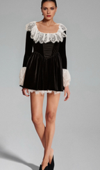 Flowering Girl Women Fabiana black lace-trimmed velvet mini dress
