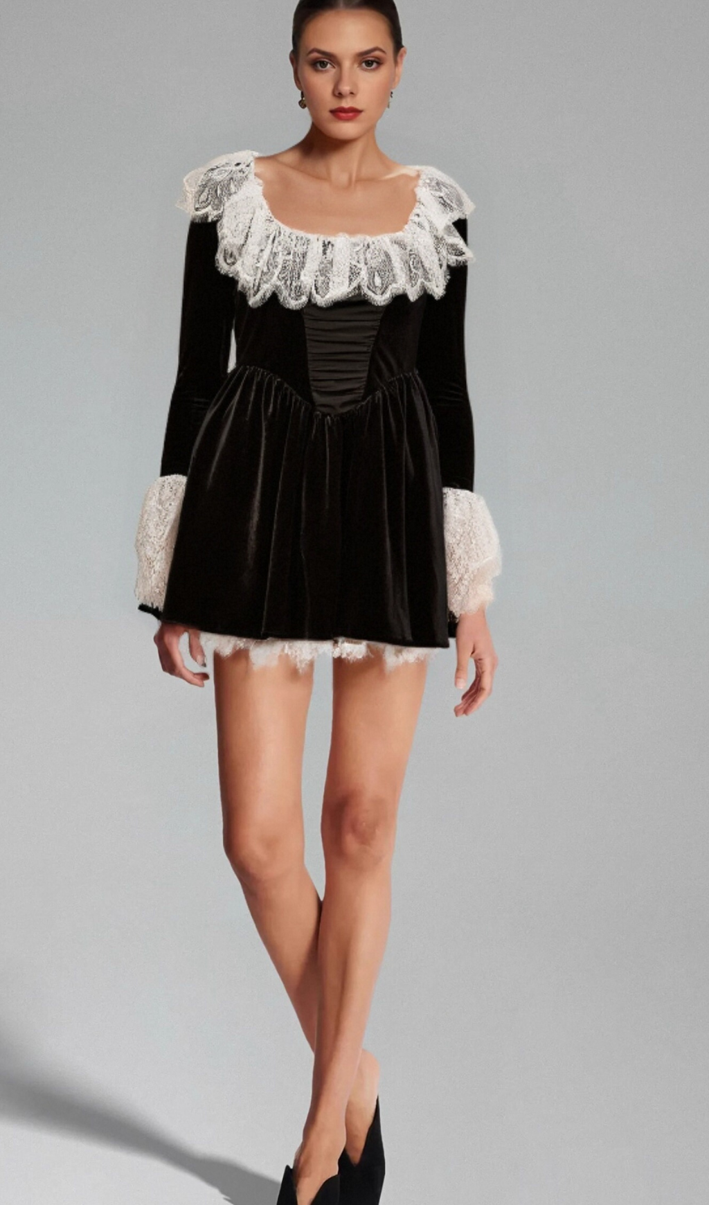 Flowering Girl Women Fabiana black lace-trimmed velvet mini dress