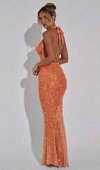 Flowering Girl Women BARBARA HALTER SEQUIN MAXI DRESS IN ORANGE