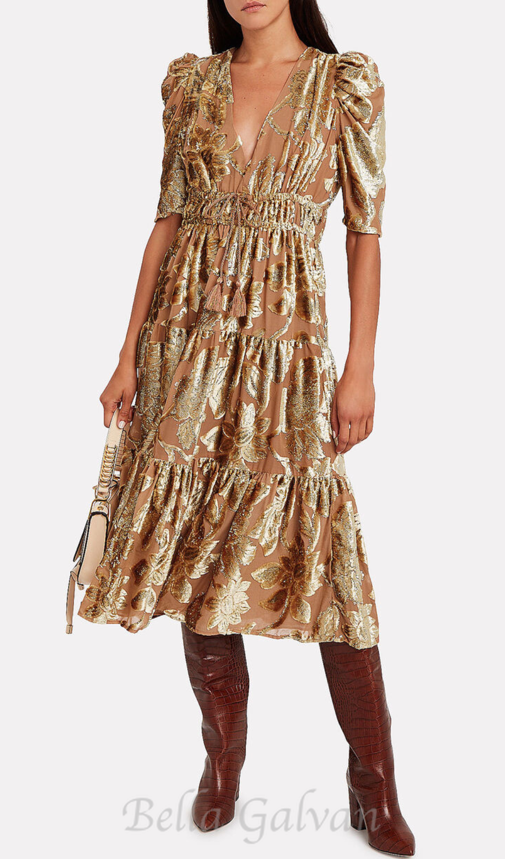 Flowering Girl Women loretta metallic devoré gold midi dress