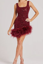 Flowering Girl Women Red Feather Sequin Dress