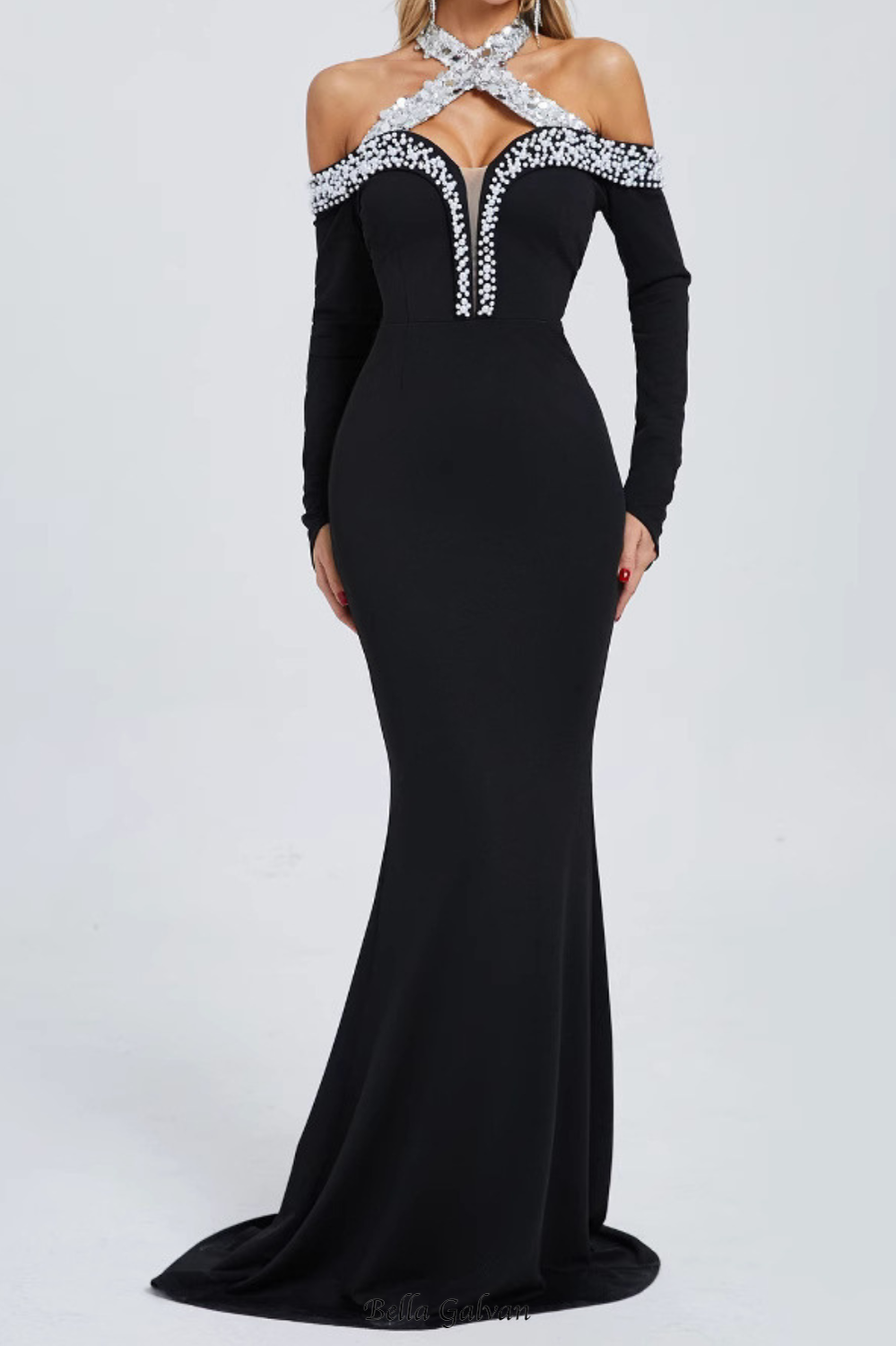 Flowering Girl Women Halter Pearl Crystal-Trim Gown in black