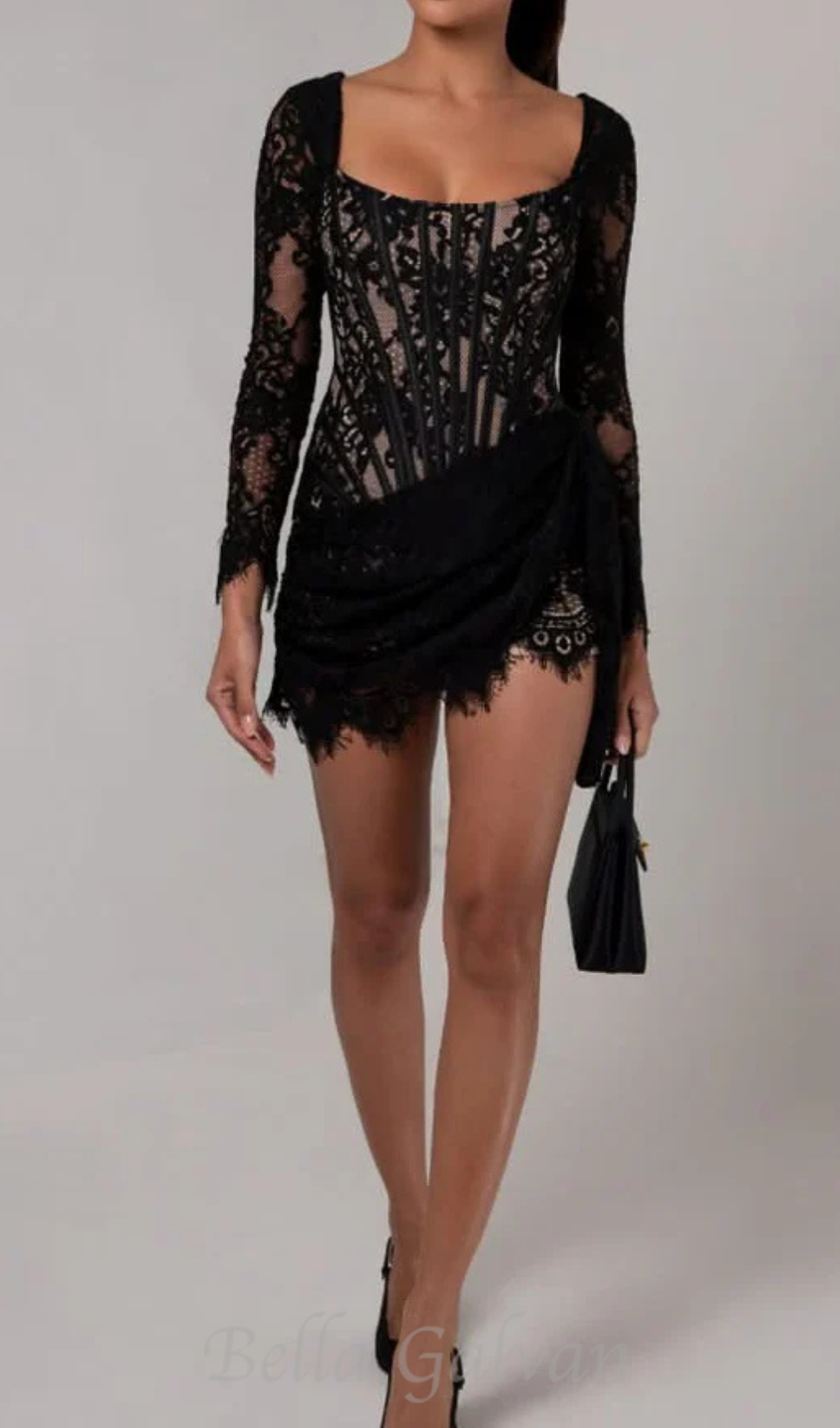 Flowering Girl Women long sleeve lace corset draped mini dress in black