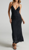 Flowering Girl Women v-neckline pleated bodycon maxi dress in black
