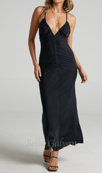 Flowering Girl Women v-neckline pleated bodycon maxi dress in black