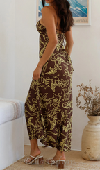 Flowering Girl Women print satin maxi dress in brown