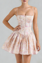 Helen Floral Stretch Cotton Mini Dress - Peach