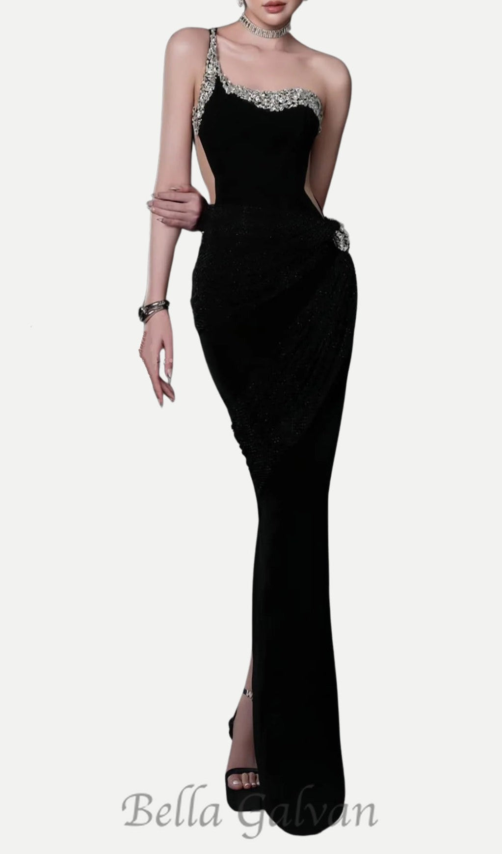 Flowering Girl Women black one-shoulder diamonds bandage maxi dress
