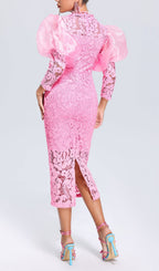 Flowering Girl Women Pink Puff Sleeve Lace Midi Dress