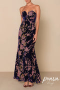 Flowering Girl Women Navy Blue Floral Print Velvet Strapless Maxi Dress