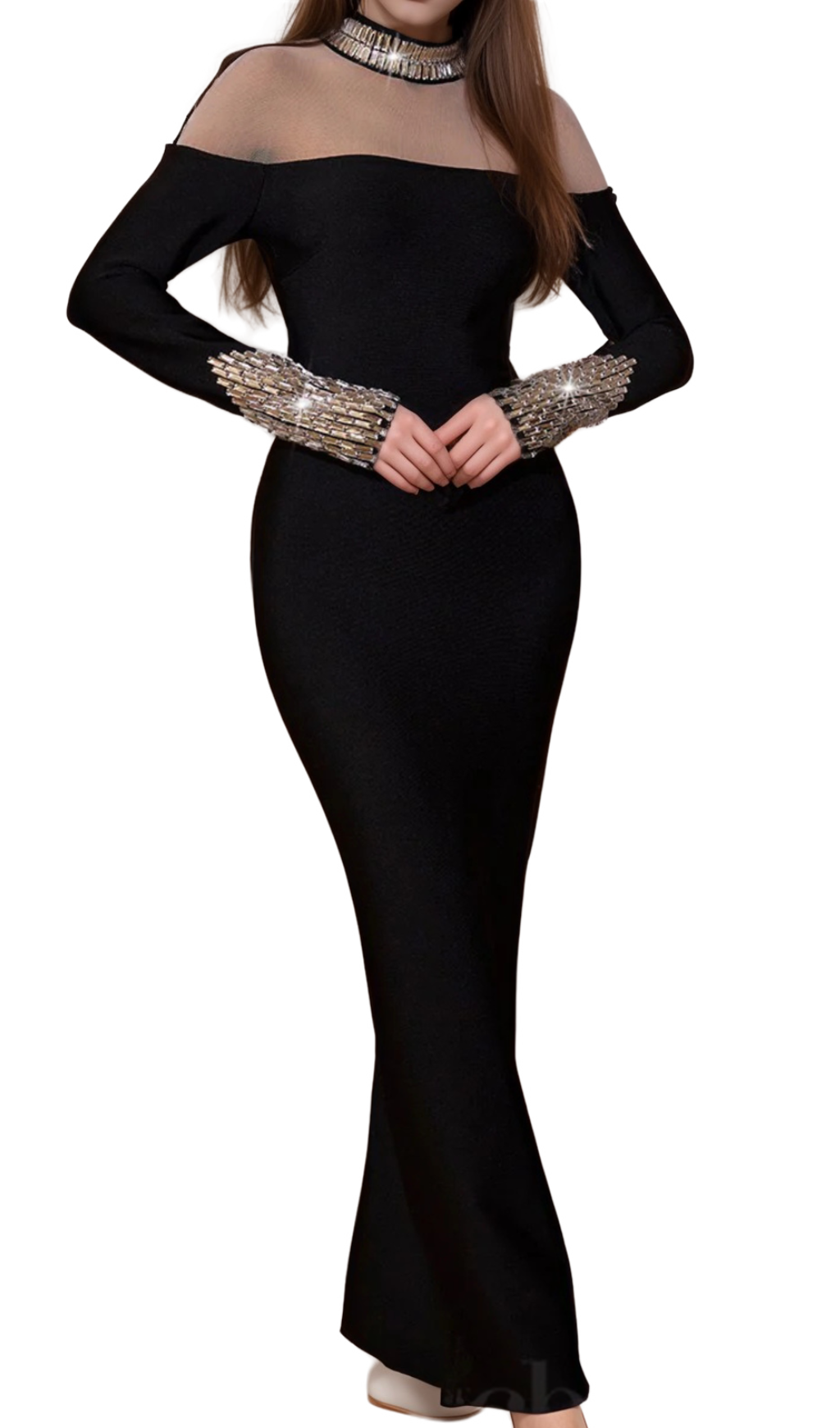 Flowering Girl Women alexandra Long Sleeve Rhinestone Bandage maxi Dress in black
