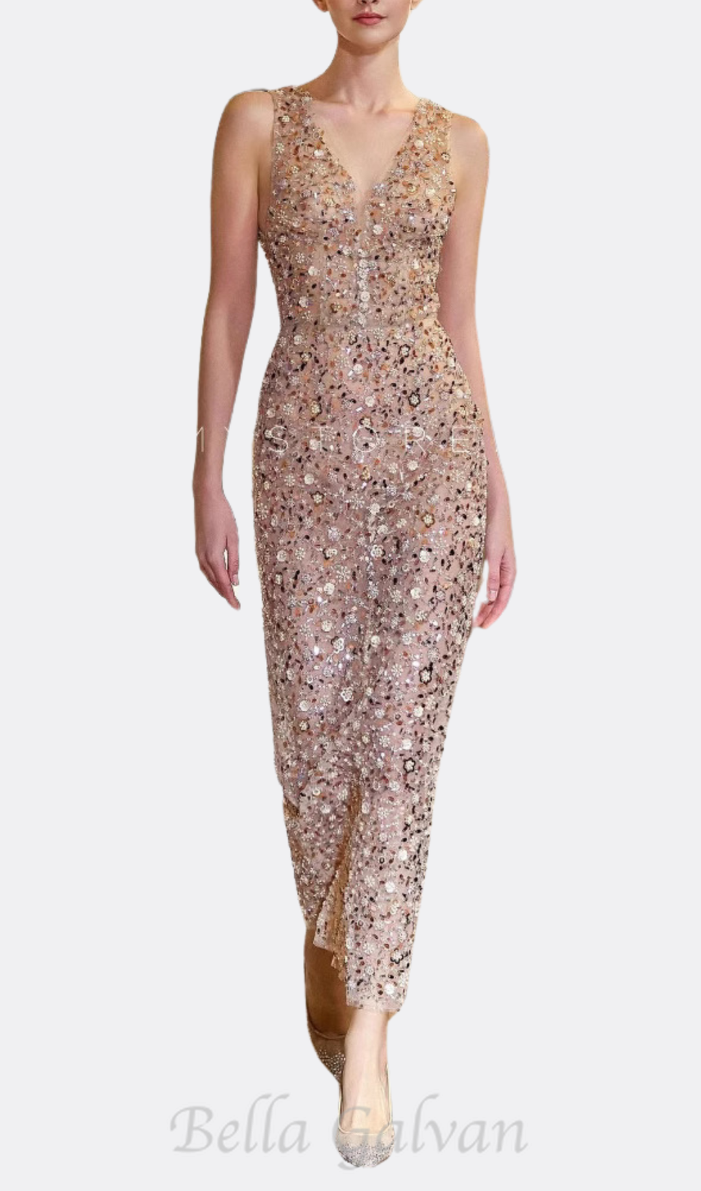 sleeveless flower Embroidery midi dress in beige