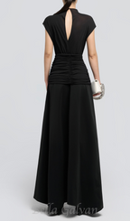 Flowering Girl Women black Waist cross pleats midi dress with asymmetric hemline