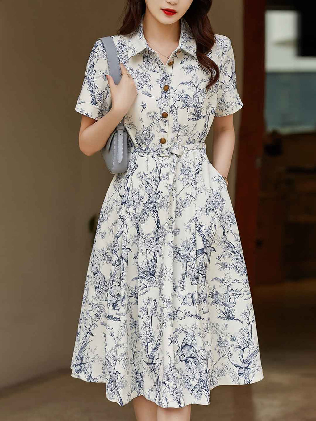 Flowering Girl Women sheila Elegant Lapel Printed Dress