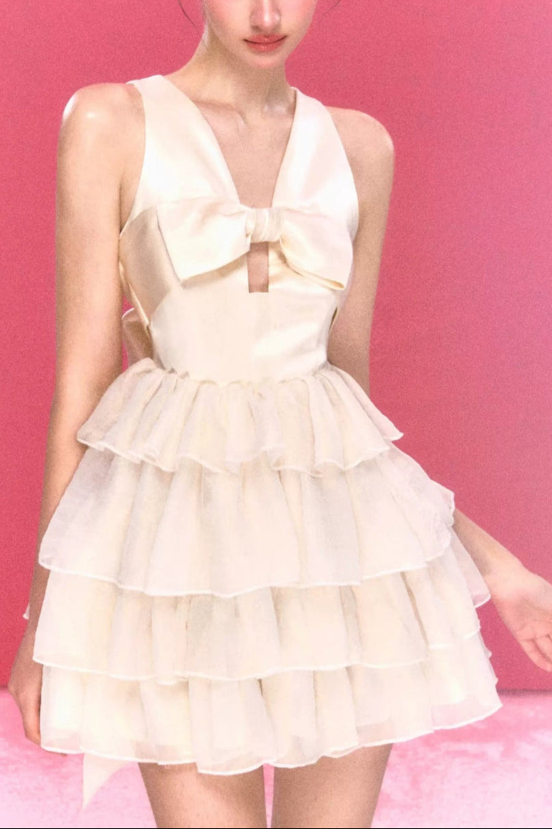 Flowering Girl Women Beige Bow Tiered Mini Dress