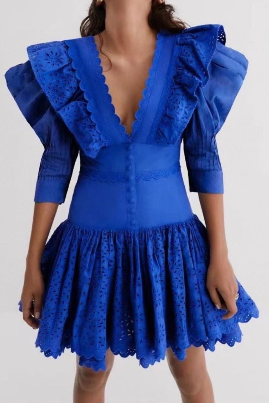 Flowering Girl Women Puff Sleeve V Neck Mini Dresses In Dark Blue