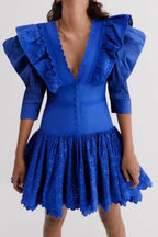 Flowering Girl Women Puff Sleeve V Neck Mini Dresses In Dark Blue