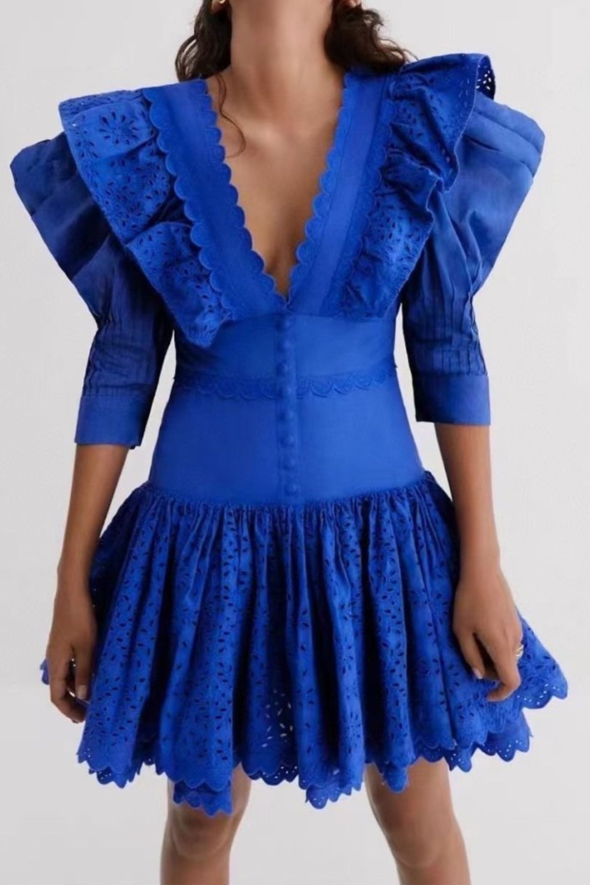 Flowering Girl Women Puff Sleeve V Neck Mini Dresses In Dark Blue