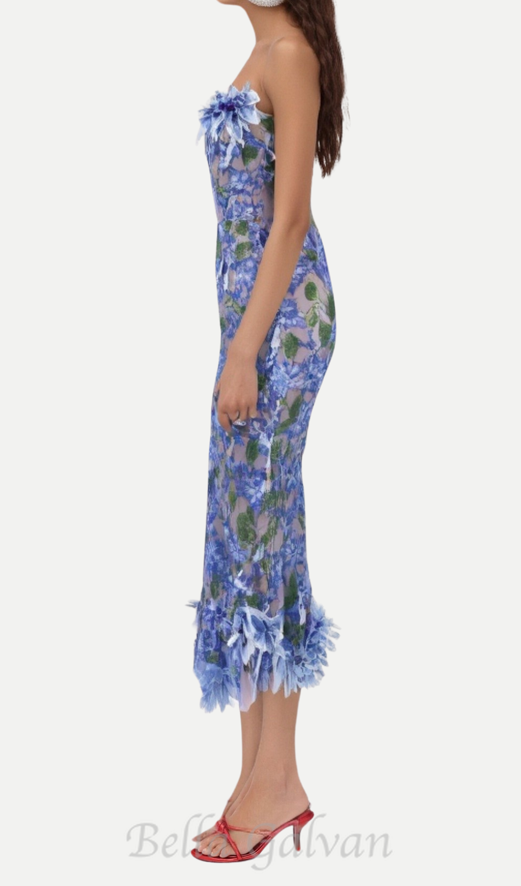 Flowering Girl Women 3D flower embroidery strapless midi dress in blue