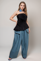 Flowering Girl Women Strapless Flower Pleated Top In Black