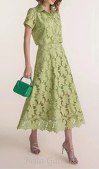 Flowering Girl Women guipure mesh midi skirt cropped set in green