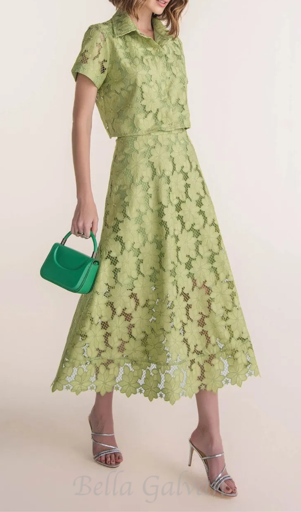 Flowering Girl Women guipure mesh midi skirt cropped set in green