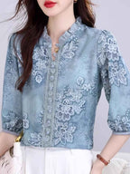 simona Classic Auricular Collar Printed Chiffon Top